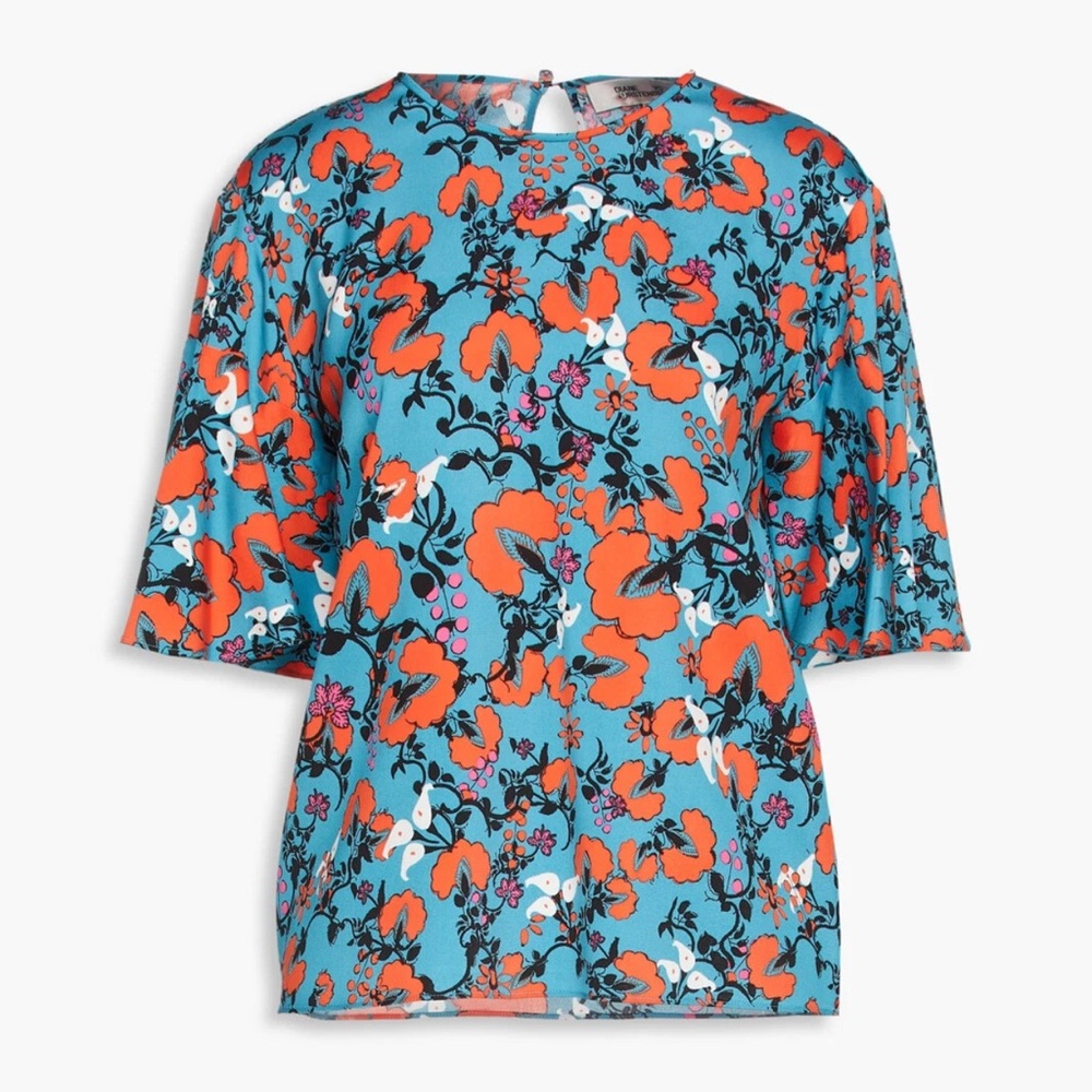 Diane Von Furstenberg Silk Blend Arlene Blue and Red Floral Top NWT Sz. XS